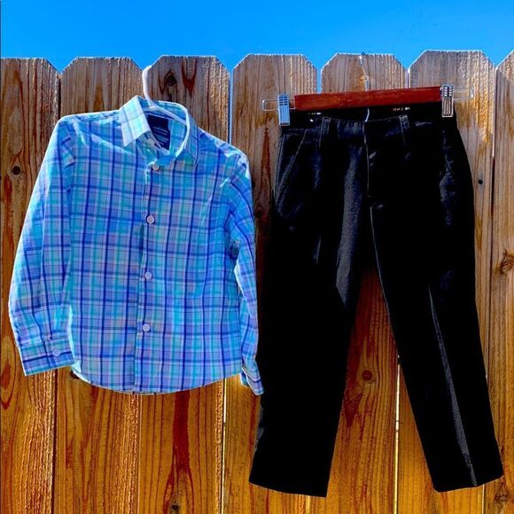 Take 50% OFF- IZOD Boys Plaid Button-Up Shirt and Black Pants Set, Size-4T - Picture 1 of 12